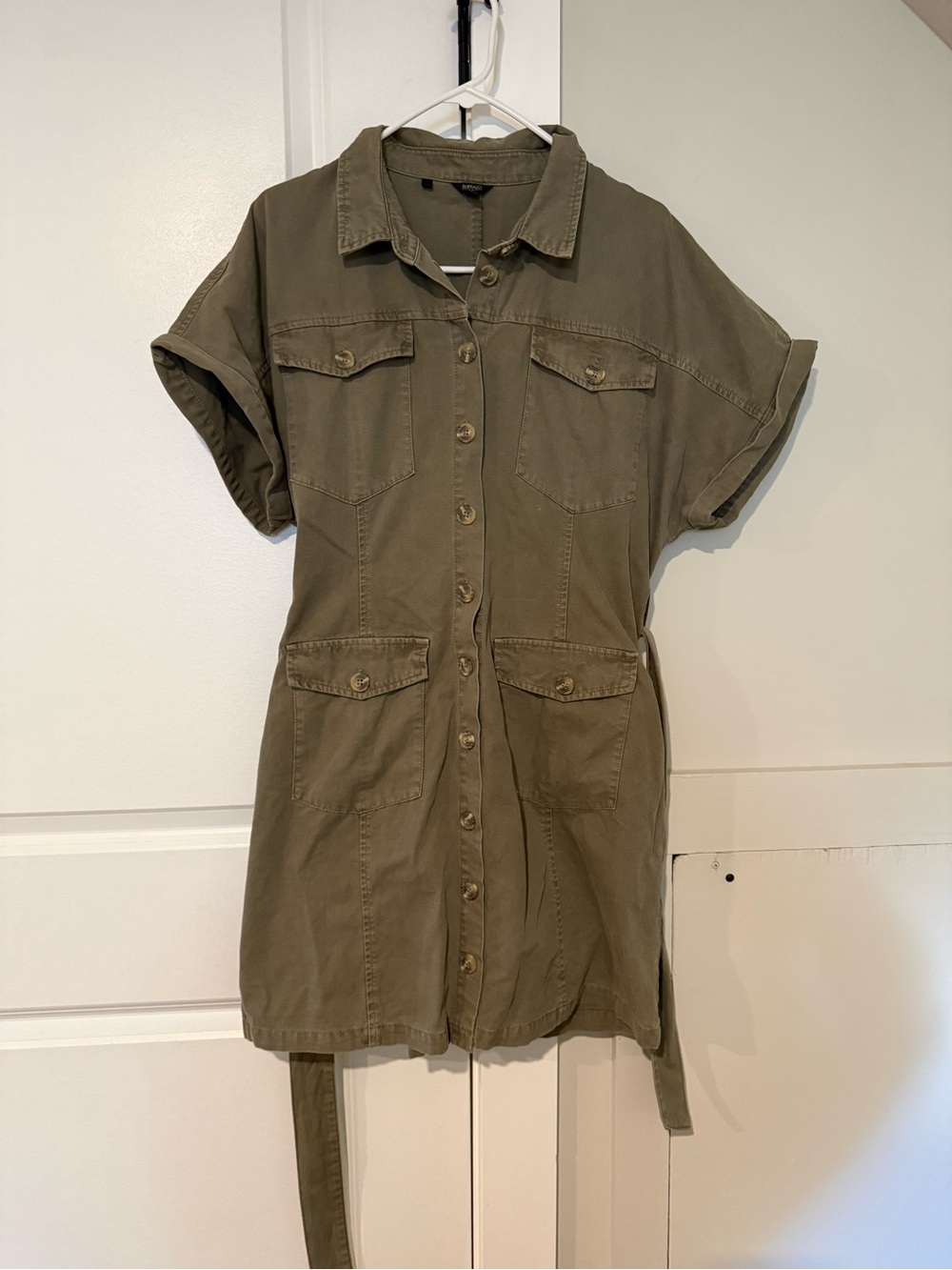 Buttoned Shirt Dress in Olive Green with tie